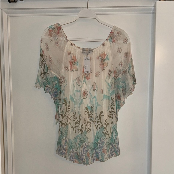 belle france Tops - Sheer Floral Cream Blouse with Mint Accents